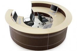 Banco reception circolare con struttura metallica.
